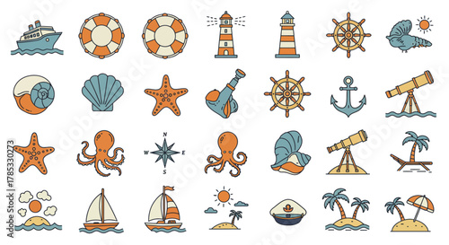 nautical theme icons diverse set of maritime elements including boats sea life and tropical islands evoking adventure and relaxation perfect for travel blogs