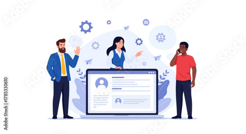 Team members collaborating on a digital profile using technology.