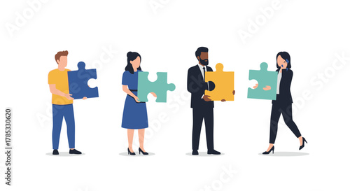 Teamwork and collaboration concept with diverse people holding puzzle pieces.