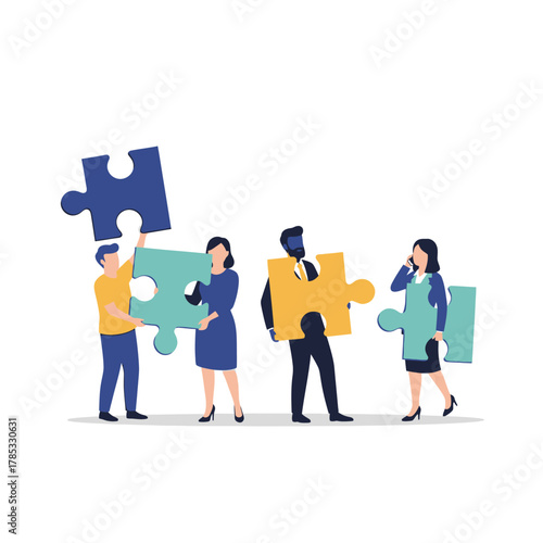 Teamwork and collaboration concept with people assembling puzzle pieces.