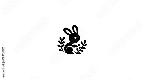 Minimalist black rabbit silhouette icon with leafy elements, cute simple animal graphic design on clean white background.