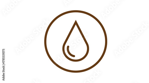 Minimalist brown outline liquid droplet icon in a circle. Simple vector graphic symbol for water, oil, fluid, hydration, or essential oils.