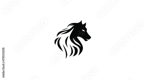 Striking Black Horse Head Silhouette with Stylized Flowing Mane. Powerful Equine Animal Icon on White Background.