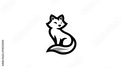Elegant Minimalist Black and White Stylized Fox Illustration. Sitting Wild Animal Graphic, Modern Logo Icon Vector Design