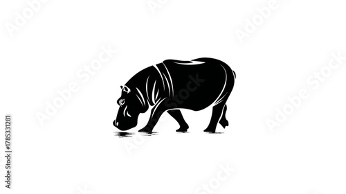 Black Hippopotamus Silhouette Isolated on White Background - Large African Wild Animal Side View Vector Illustration