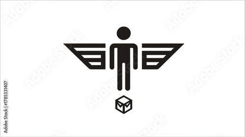 Abstract icon of a winged human figure above a box, symbolizing fast delivery, efficient logistics, speed, and reliable shipping service