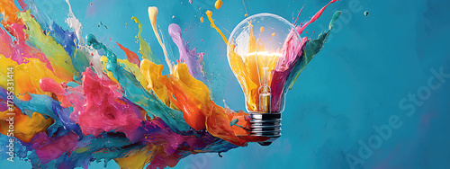 Creative light bulb with colorful explosion concept. A vibrant light bulb surrounded by colorful splashes of paint.
