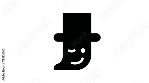 Minimalist black icon of a winking face with a top hat, simple graphic illustration on a white background, cute character design