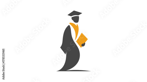 Minimalist graphic of a student in graduation cap and gown holding a diploma, symbolizing academic achievement, education, and success.