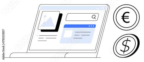 Laptop screen displaying an online store interface with images and search bar, accompanied by euro and dollar coins. Ideal for e-commerce, online shopping, global trade, digital currency, financial