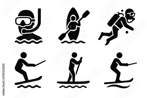 Water Sports Silhouette Icons Featuring Snorkeling, Kayaking, Diving, and More