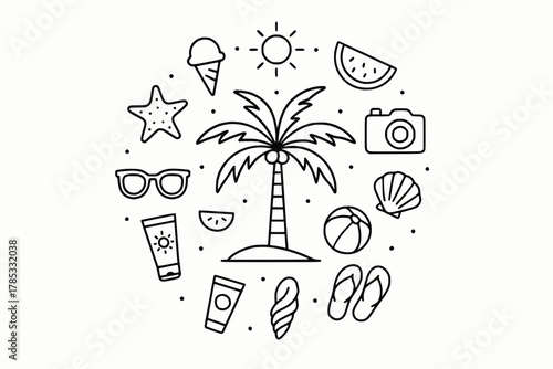 Circular Beach Vacation Icons with Palm Tree Centerpiece