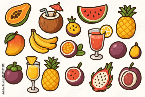 Colorful Tropical Fruits and Exotic Drinks Illustration