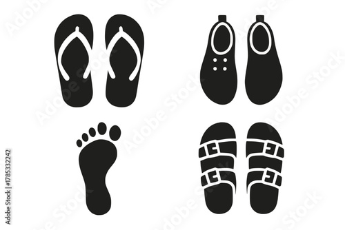 Footwear Silhouette Icons Featuring Flip-Flops, Sandals, Shoes, and Bare Foot
