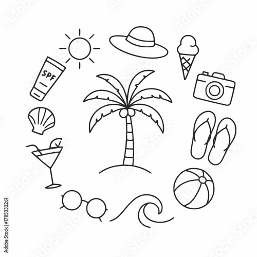 Circular Beach Vacation Icons with Palm Tree Centerpiece