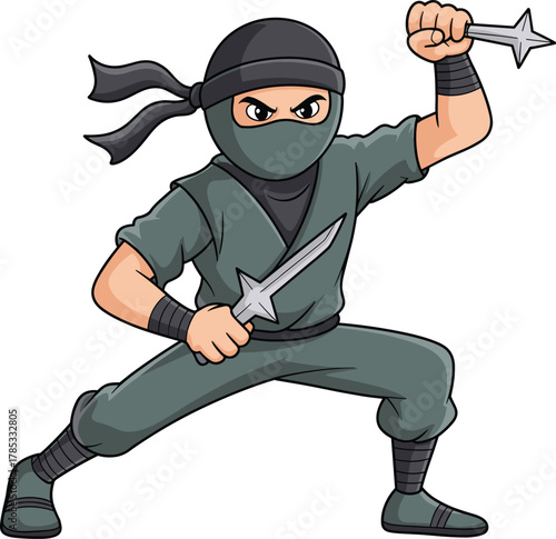 Cartoon ninja in green costume, holding shuriken and dagger, martial arts stance, stealth warrior character, action pose, kids illustration