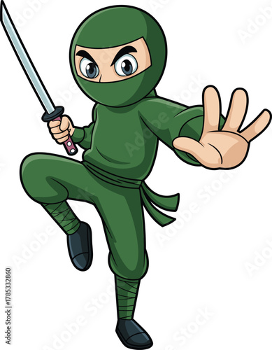 Cartoon ninja in green costume, holding sword, martial arts pose, stealth character, action stance, kids illustration, warrior design, combat-ready