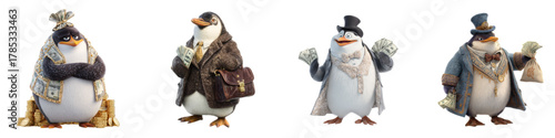 Whimsical Penguins Dressed as Business Tycoons Holding Money, Cartoon Characters in Formal Attire, Rich and Comical, Financial Success and Wealth Concept