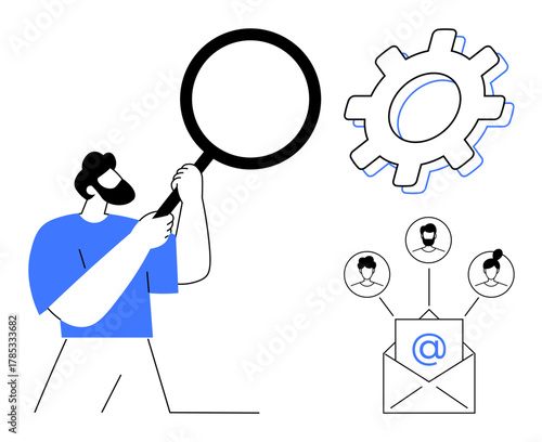 Bearded man using magnifying glass examining, accompanied by gear icon and email envelope connected to user profiles. Ideal for teamwork, technology, communication, analysis, networking, strategy