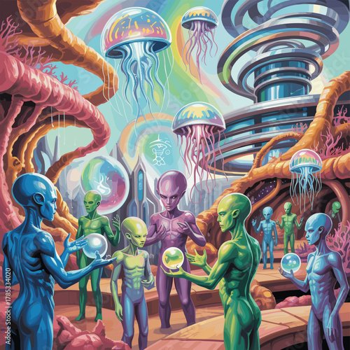Alien Beings Interacting with Orbs and Jellyfish in Futuristic City Vector