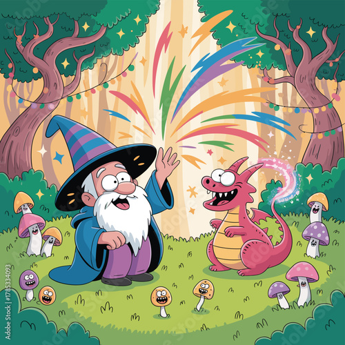 Cheerful Wizard and Friendly Dragon in Forest with Sparkling Colors and Smiling Mushrooms