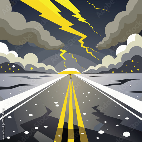 Stormy Road with Lightning and Dramatic Clouds Keywords: storm, lightning, thunder, road