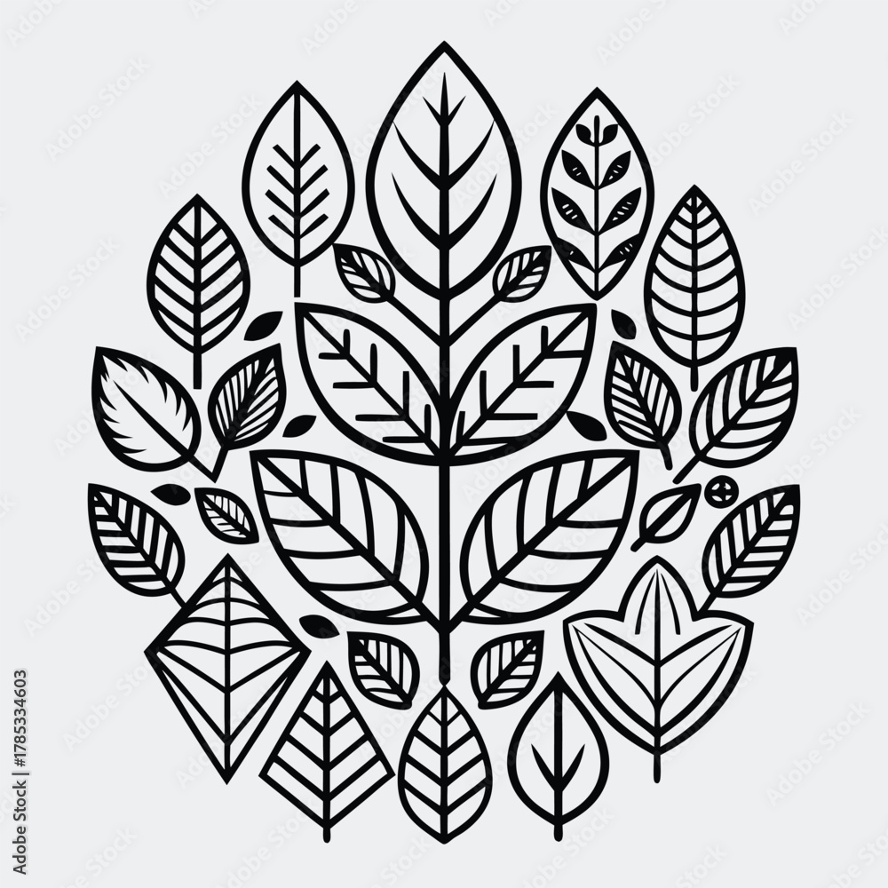 Fototapeta premium Stylized Black and White Leaf Pattern Mandala leaves