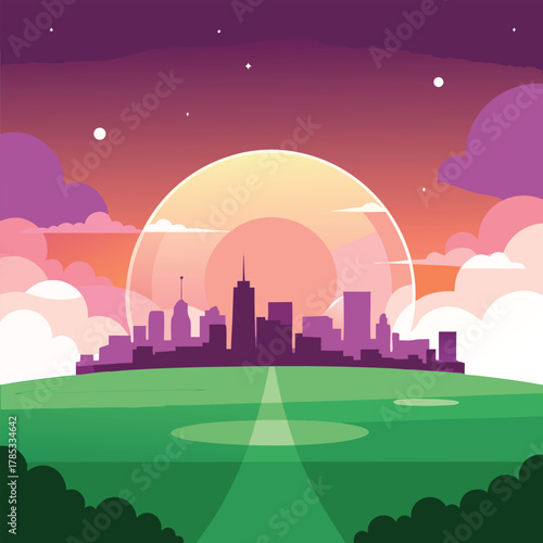Stylized city skyline silhouette at sunset over green field