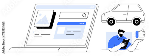 Laptop displaying search results, car illustration, man using tablet, and thumbs-up hand gesture. Ideal for online marketplace, vehicle shopping, technology, user experience, business digital tools