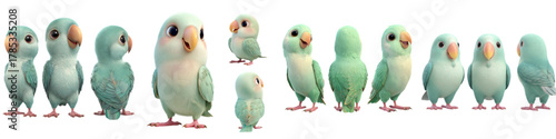 Delightful collection of adorable pastel parrot illustrations perfect for children's books, educational materials, and charming branding projects with a touch of whimsy