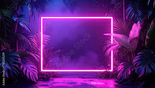 Glowing pink square portal amid lush jungle foliage
