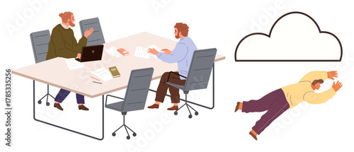 Colleagues discuss ideas over laptops and documents at a shared desk as a person dives toward a cloud outline. Ideal for teamwork, innovation, cloud computing, brainstorming, flexibility, creativity