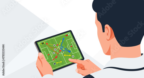 Flat Illustration Soccer Strategy Planning on Tablet Device Technology