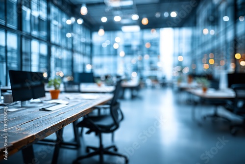 Wallpaper Mural A blurred view of an open office space with desks chairs and computers in a modern office setting Torontodigital.ca