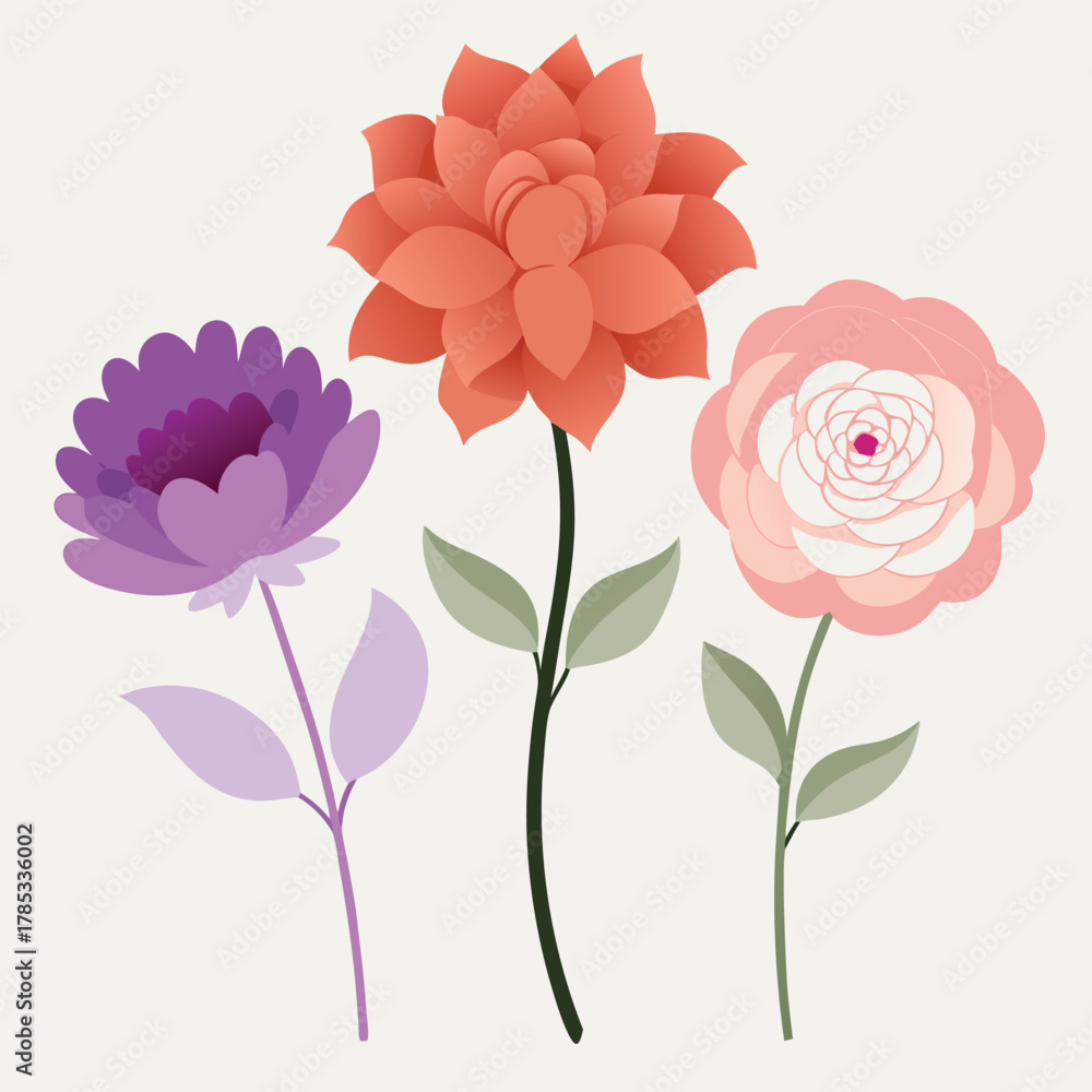 Obraz premium Three colorful stylized flowers on cream background