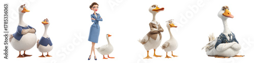 Whimsical cartoon collection showcasing anthropomorphic geese in business attire alongside a sophisticated woman, perfect for creative projects and lighthearted designs