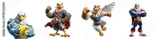 Dynamic eagle character set, embodying freedom, power, and American spirit with diverse heroic poses perfect for branding, mascots, and patriotic designs