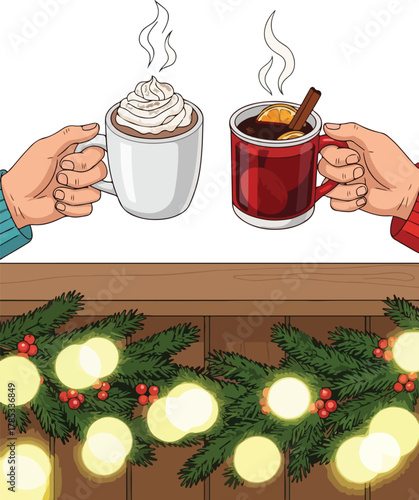 Two hands holding steaming mugs of hot chocolate and mulled wine above a festive garland with lights.