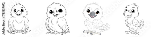 Adorable cartoon baby birds in various poses perfect for children's books or educational resources, charming illustrations of cute feathered friends, expressive and playful