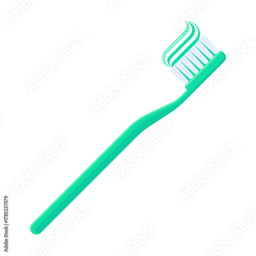Teal toothbrush with toothpaste on bristles. Dental hygiene, oral care, morning routine, and health concepts. Flat vector illustration isolated on white background