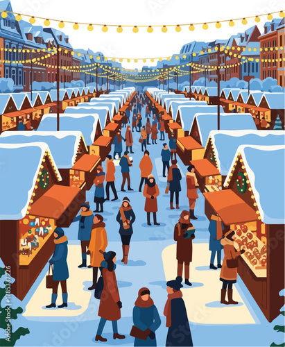 Winter Christmas Market Scene with People Shopping and Festive Decorations.