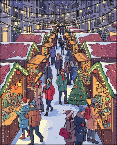 Vibrant Christmas Market Scene with Shoppers and Festive Stalls.