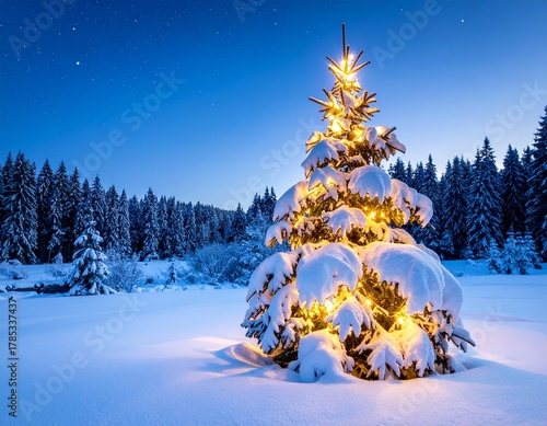 Snowy Outdoor Christmas Tree with Fairy Lights at Night