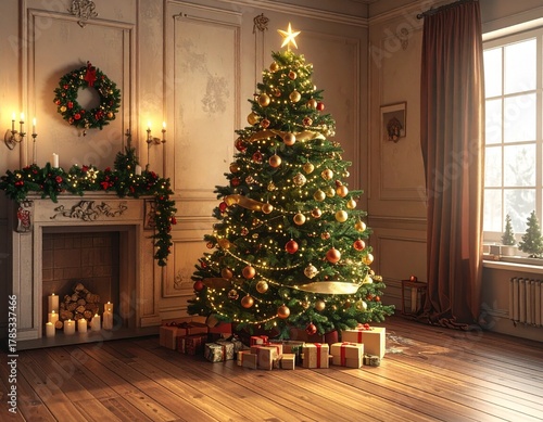 Vintage Christmas Tree with Classic Ornaments and Golden Lights