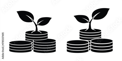 Financial growth illustrated by two plants sprouting from stacks of coins