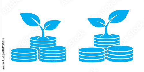 Financial growth illustrated by two plants sprouting from stacks of coins