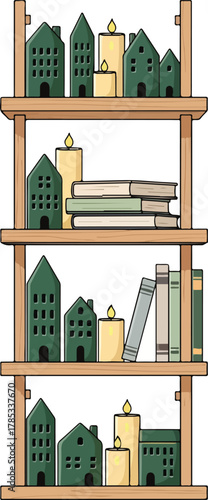 Wooden Shelf with Decorative Houses Candles and Books.