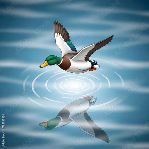 Duck Flying Over Water with Reflection Illustration