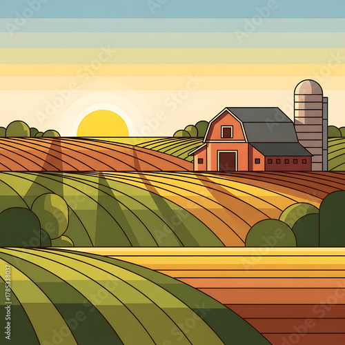 Farm Landscape Illustration at Sunset with Barn and Fields