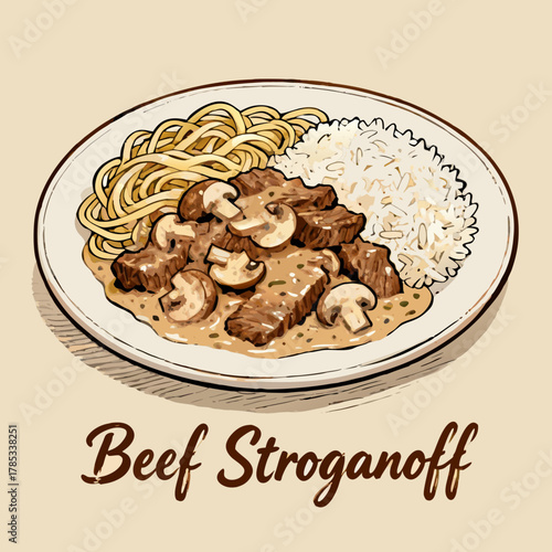 Delicious and traditional beef stroganoff with mushrooms in a creamy sauce, a classic comfort food meal served with pasta and rice in a hand-drawn vector sketch